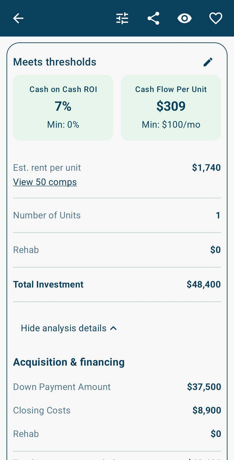 Whoof cash flow analysis showing estimated monthly income, expenses, and net cash flow