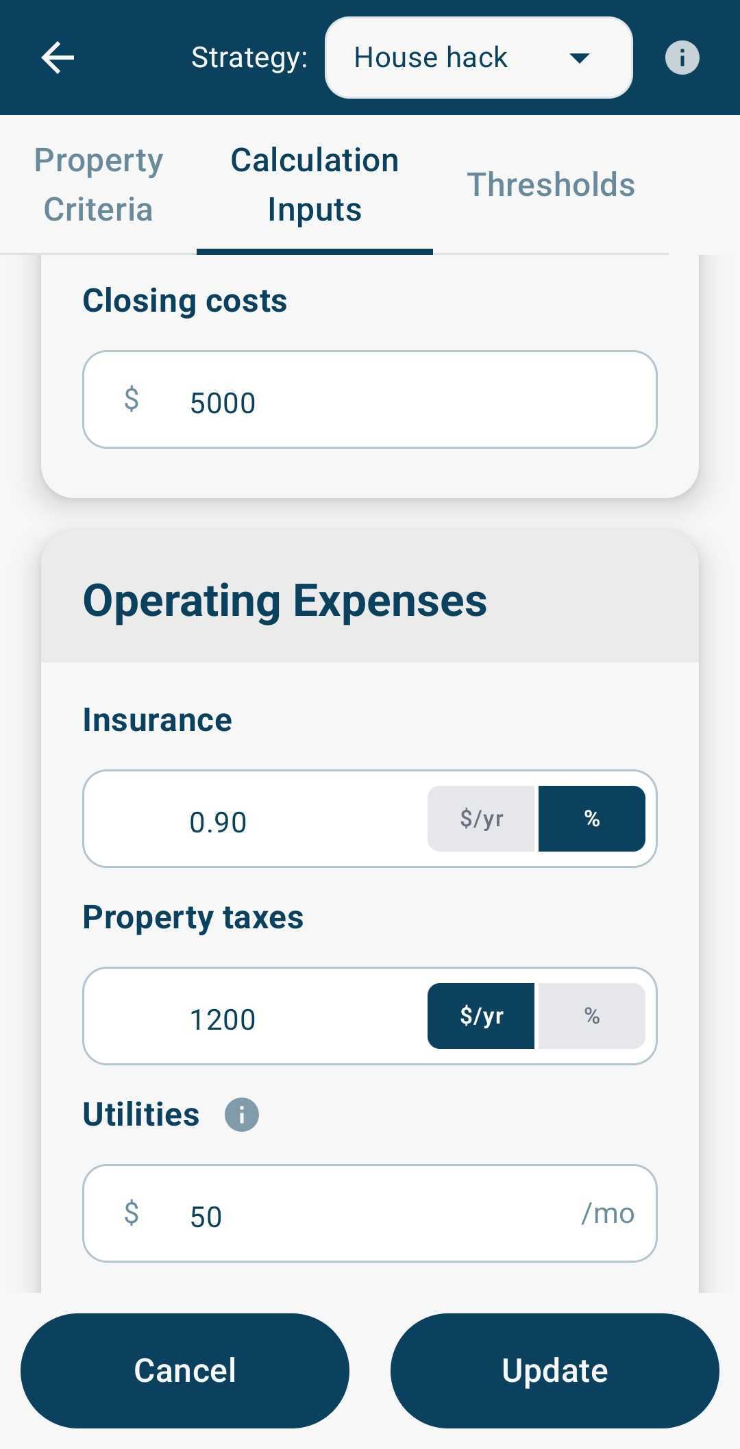 Whoof criteria filtering interface showing market selection and investment threshold inputs