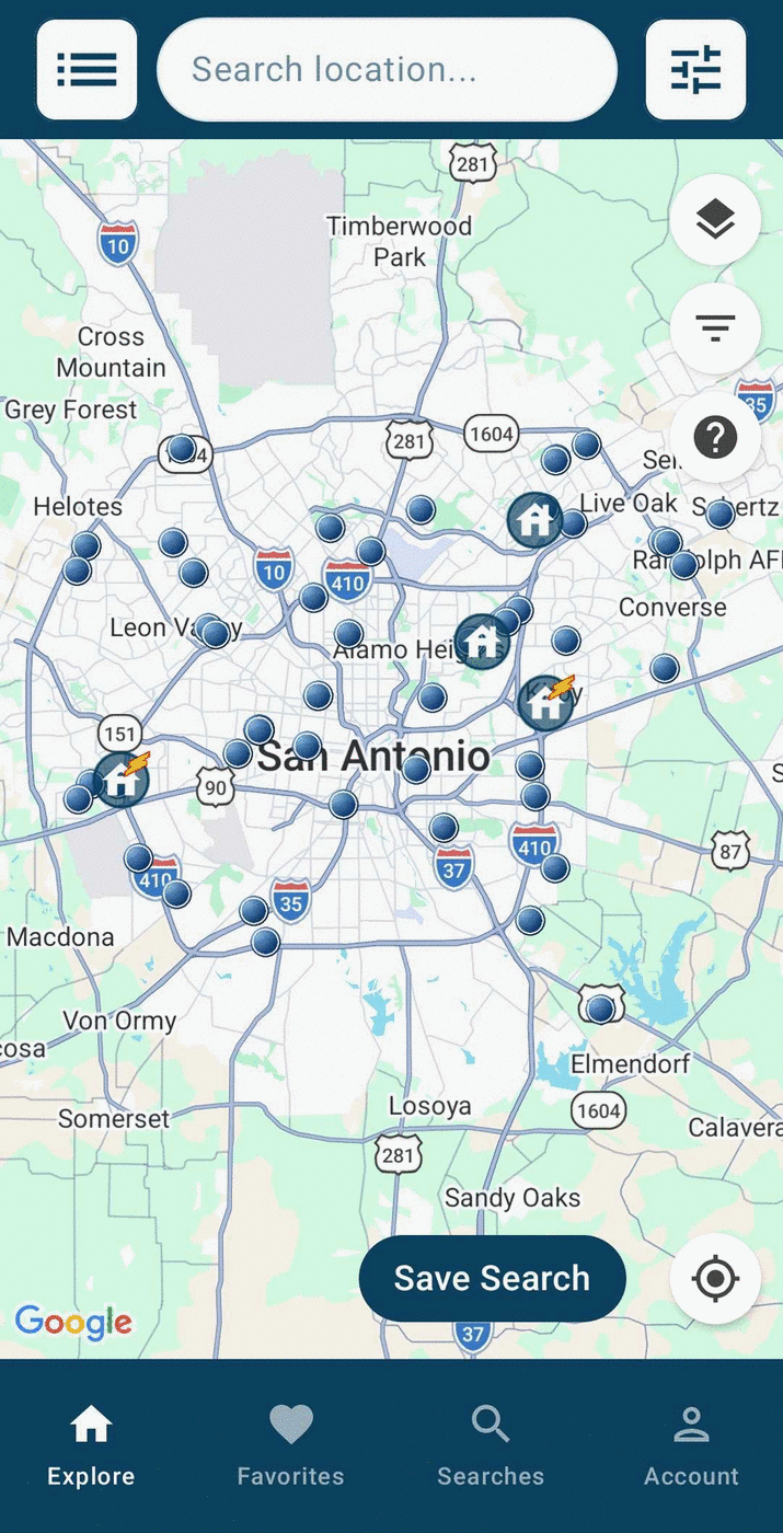 Whoof map showing search-result pins with distinct icons for listings that meet investment criteria